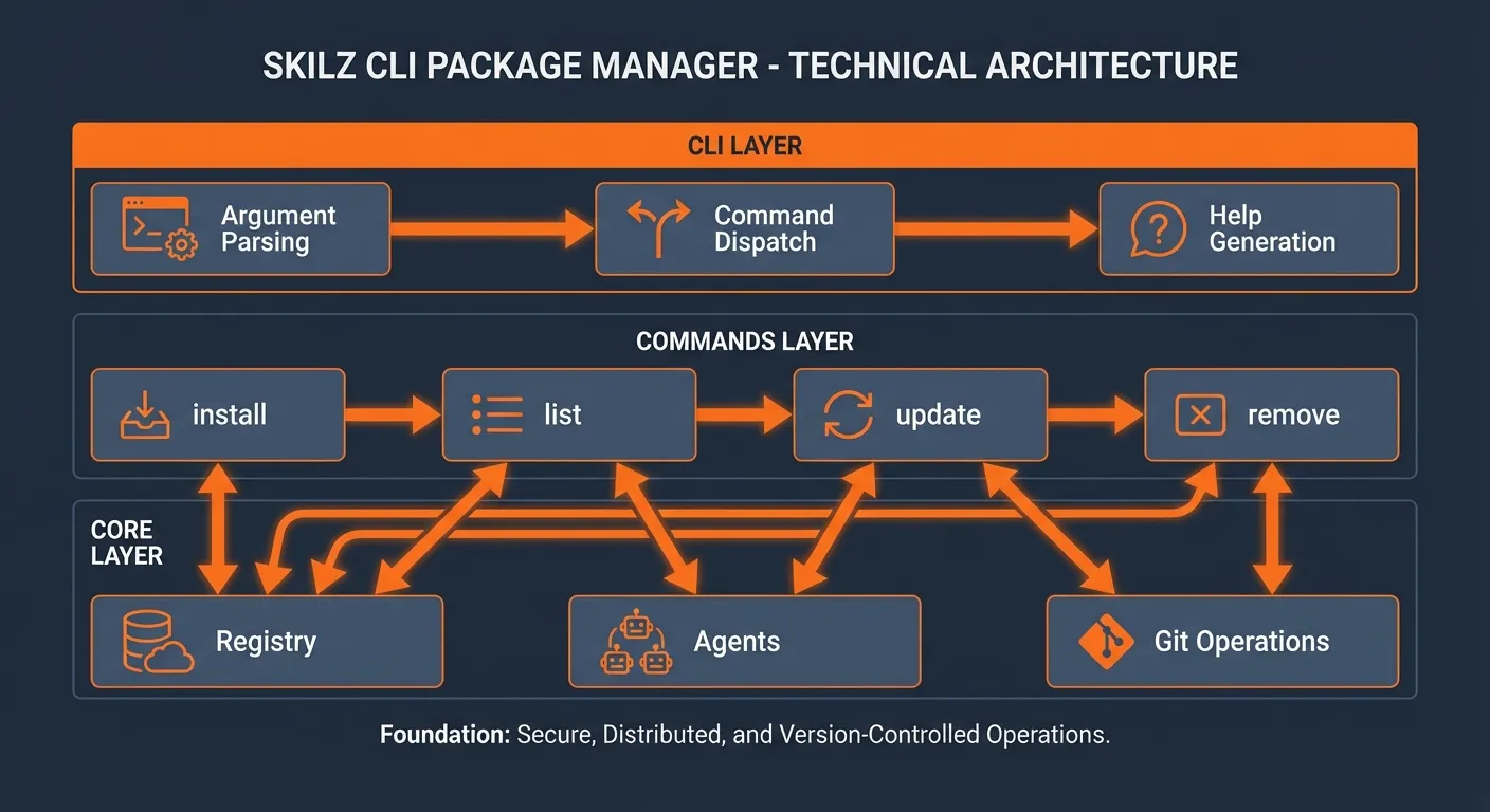 Skilz CLI architecture showing CLI Layer, Commands Layer, and Core Layer with registry, agents, and git operations
