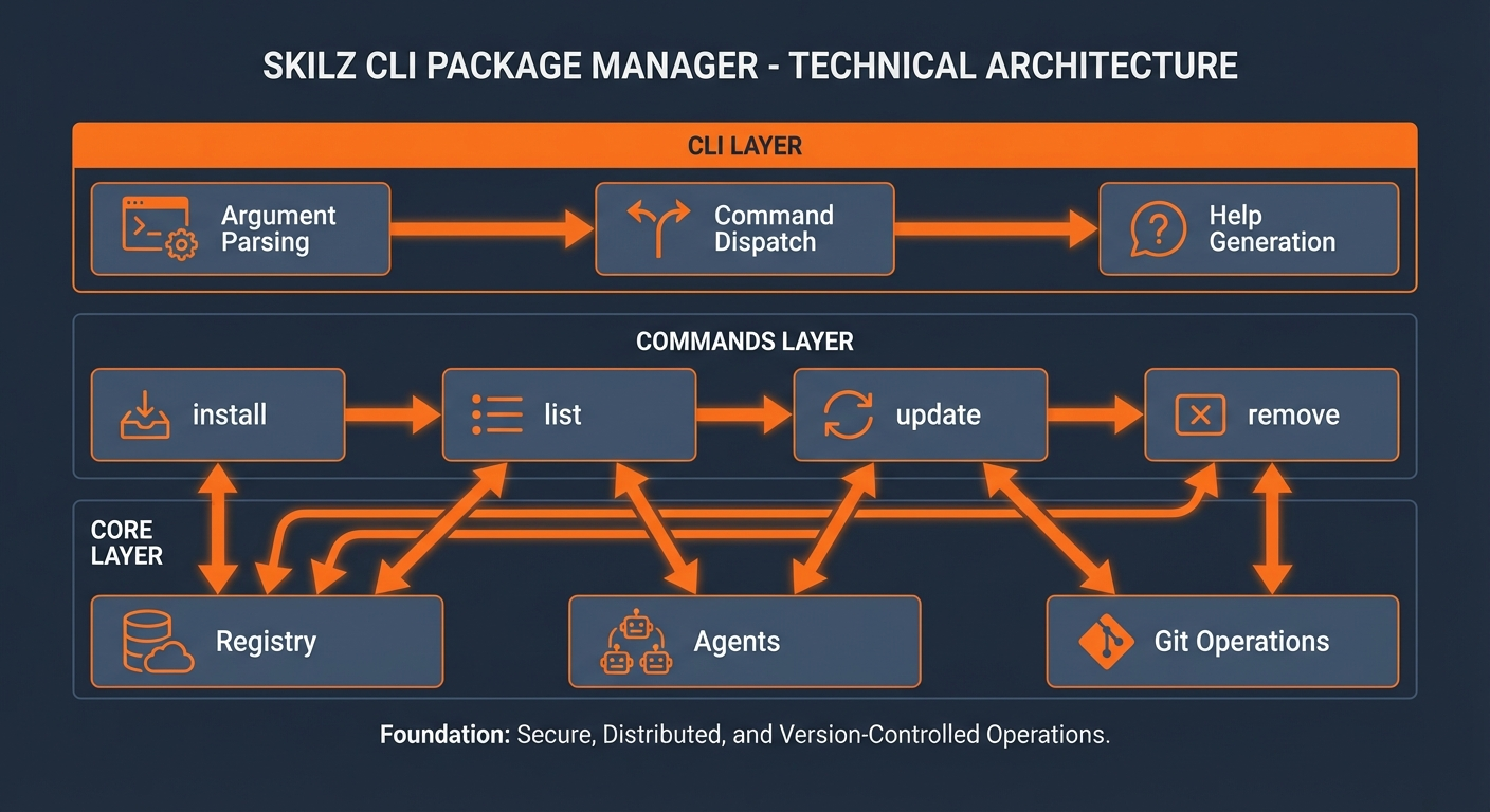 Skilz CLI architecture showing CLI Layer, Commands Layer, and Core Layer with registry, agents, and git operations