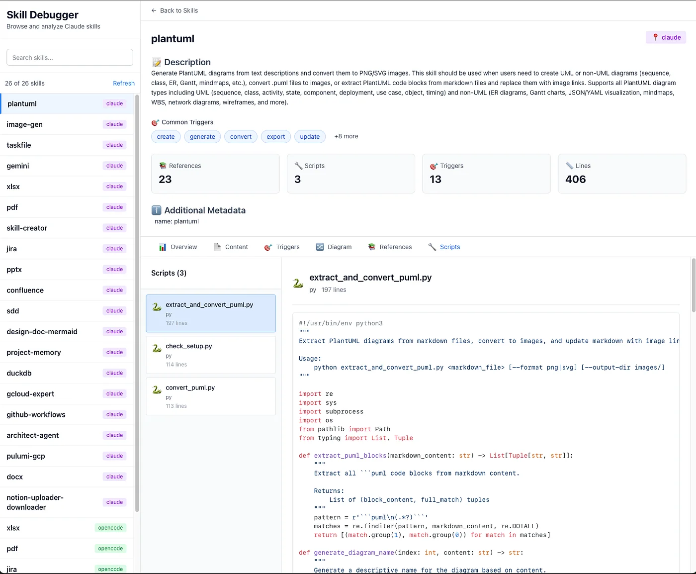 Skill debugger showing triggers and keywords