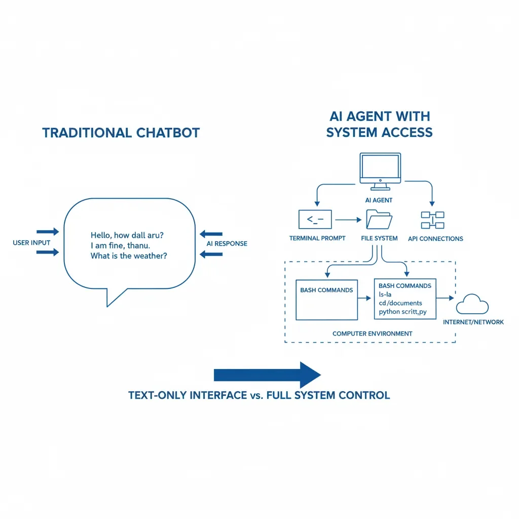 Comparison diagram showing traditional chatbot with text-only interface versus AI agent with full system access including terminal, file system, and network connectivity