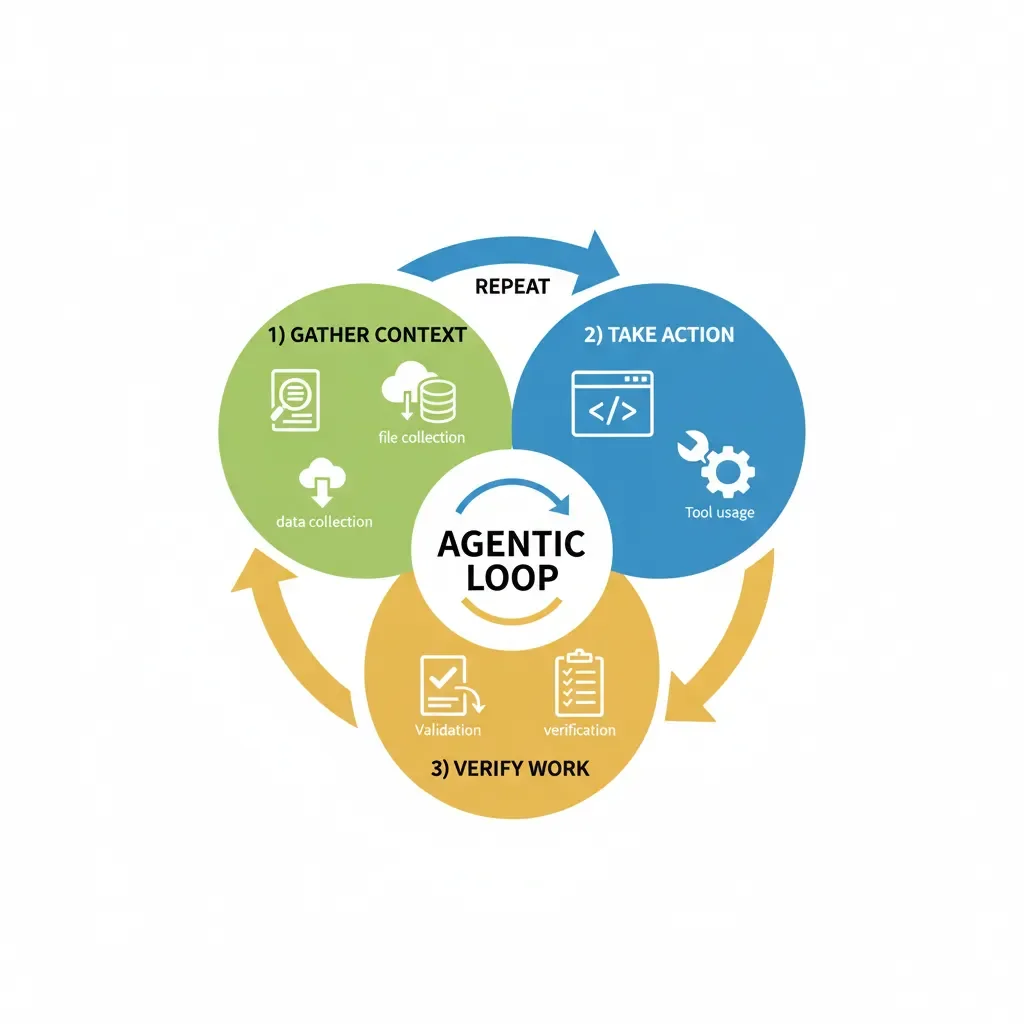 Claude Agent SDK: Circular flowchart showing the agentic loop cycle with three phases: gather context, take action, and verify work with repeat arrow